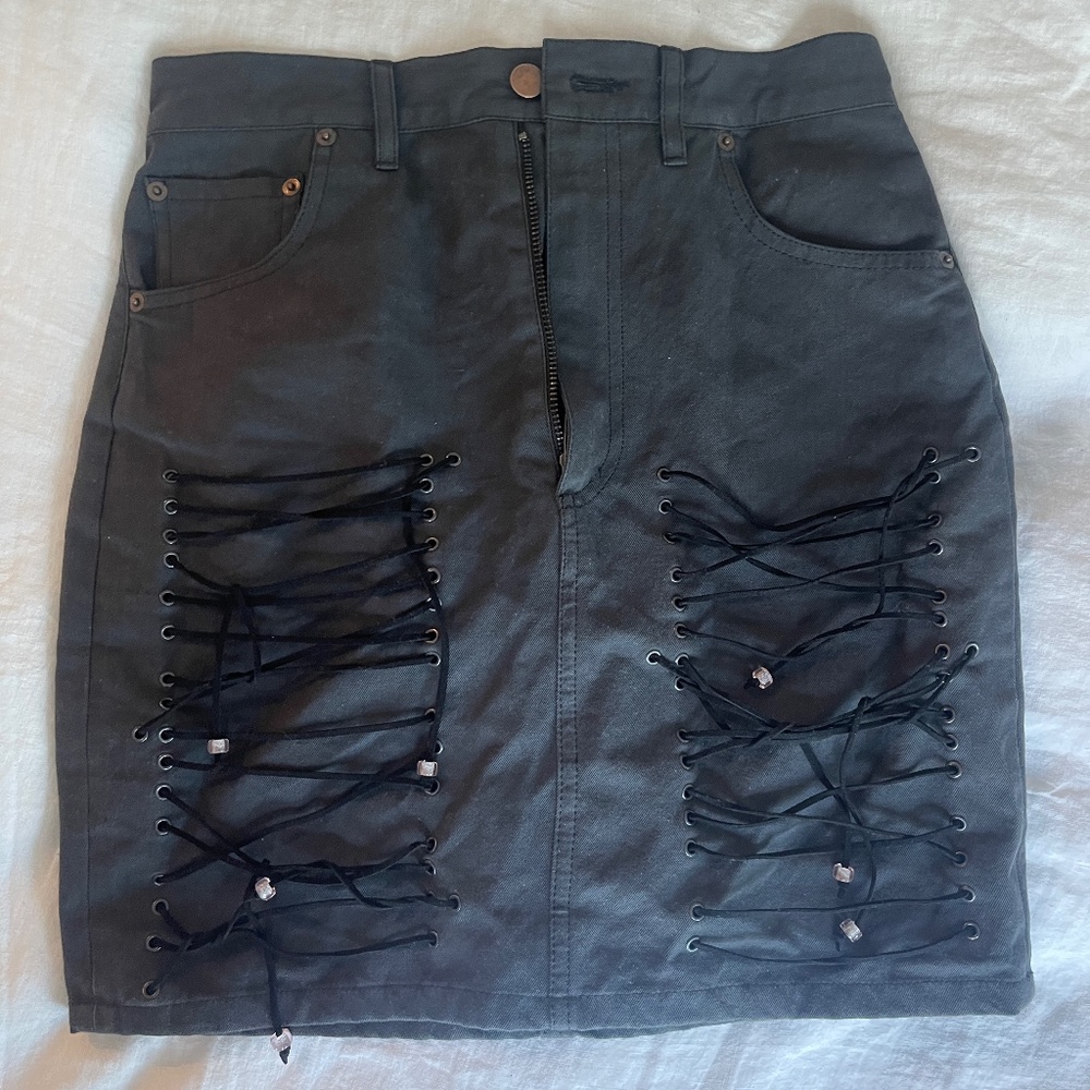 Laced-Eyelet Black Denim Skirt